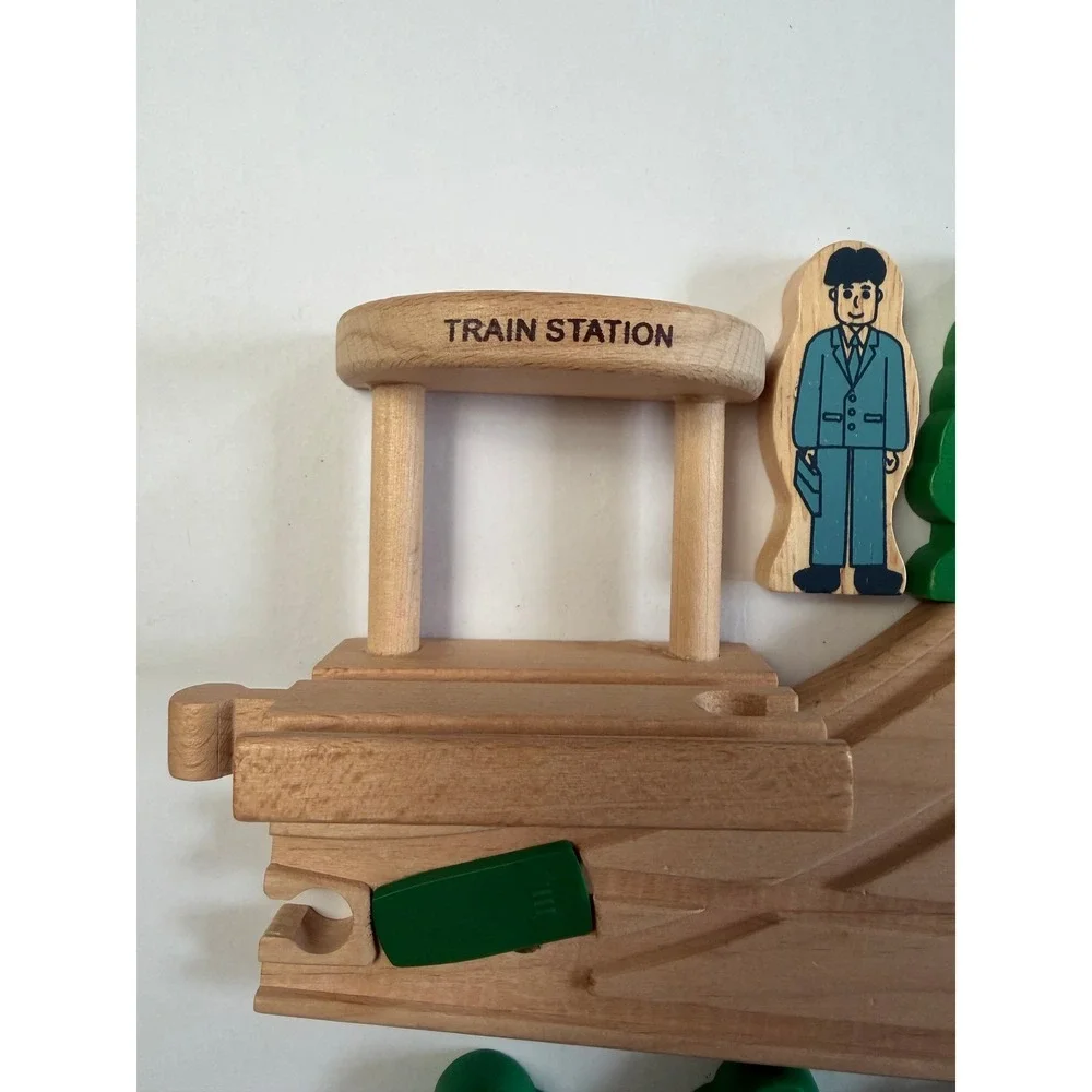 Assortment of Wooden Train  Accessories Track Signs Trees Green Brown
